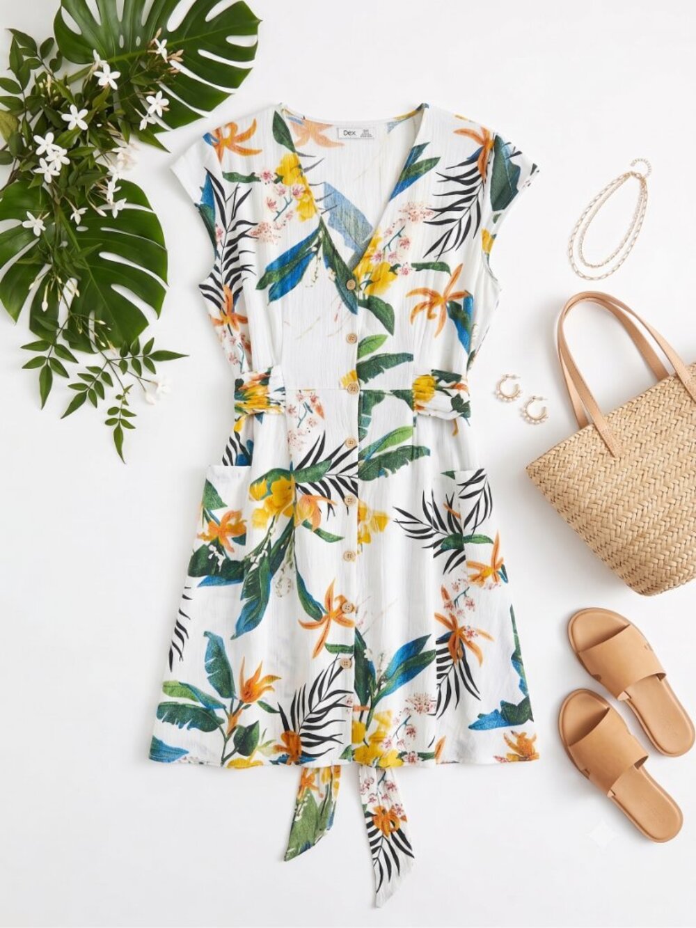Dex White Tropical Midi Dress